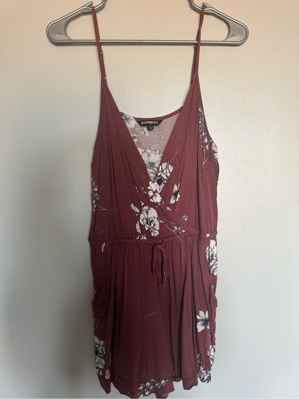 Express Women's Burgundy Floral Wrap Romper